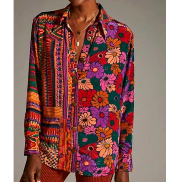 Farm Rio Anthropologie S NWT Classic Button Down Shirt Floral Tropical Blouse - Picture 3 of 9